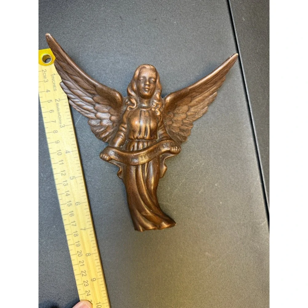 Vintage Bronze Tone Ceramic Angel Wall Hanging Figurine Religious Decor 7.5 Inch